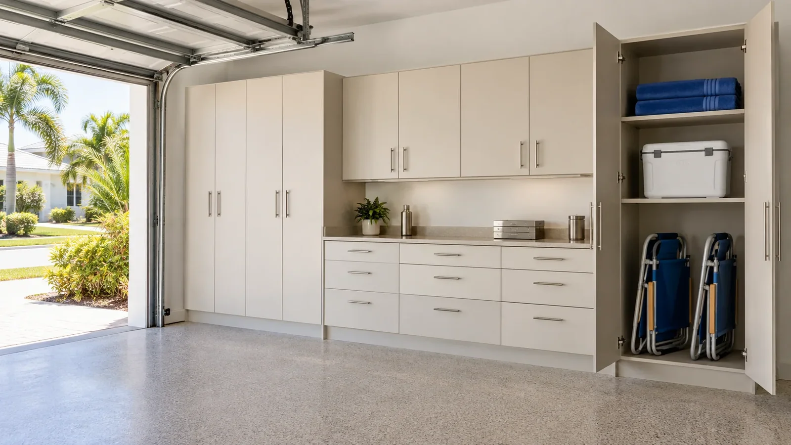 Garage cabinet wall with enclosed storage and a usable workbench
