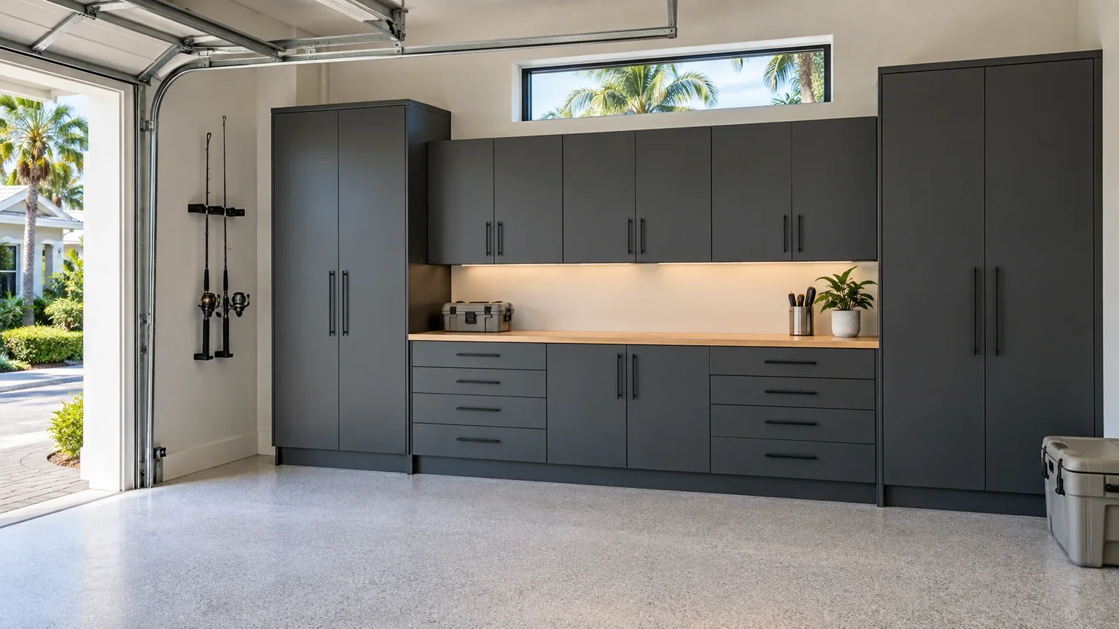 Garage cabinet wall with enclosed storage and a usable workbench