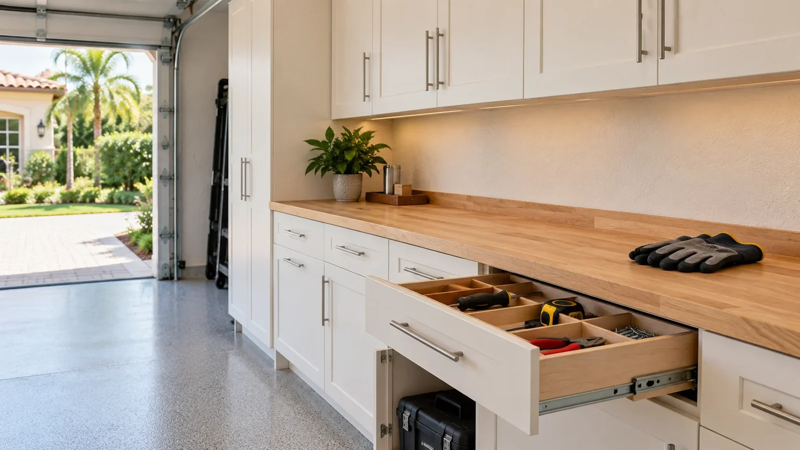 Closer view of organized cabinet storage and a practical garage work surface