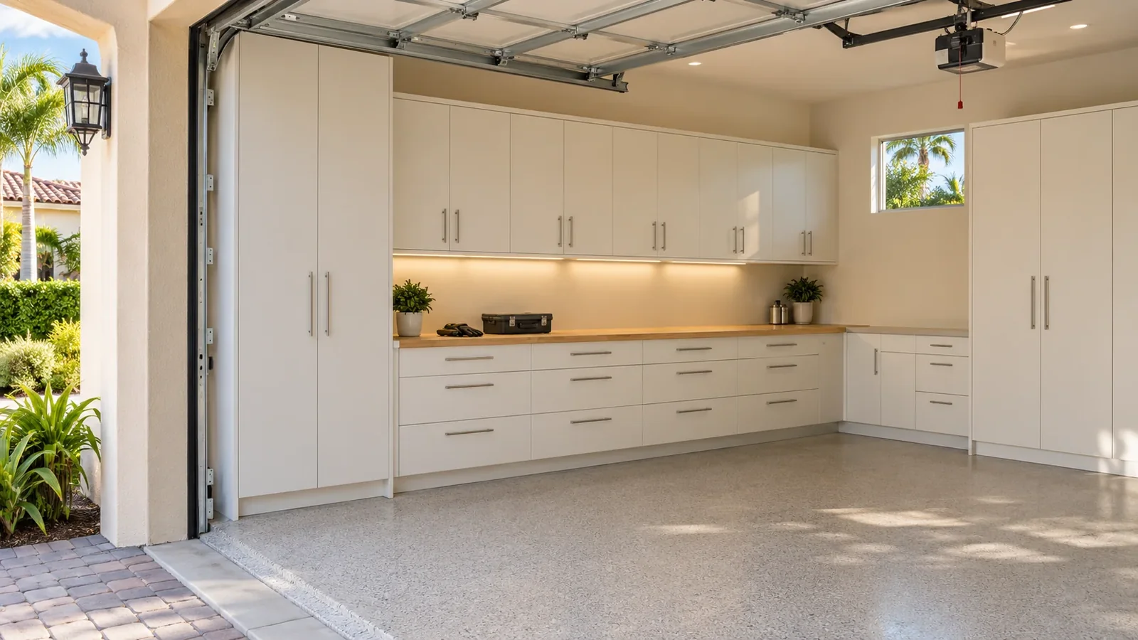 Garage cabinet wall with enclosed storage and a usable workbench