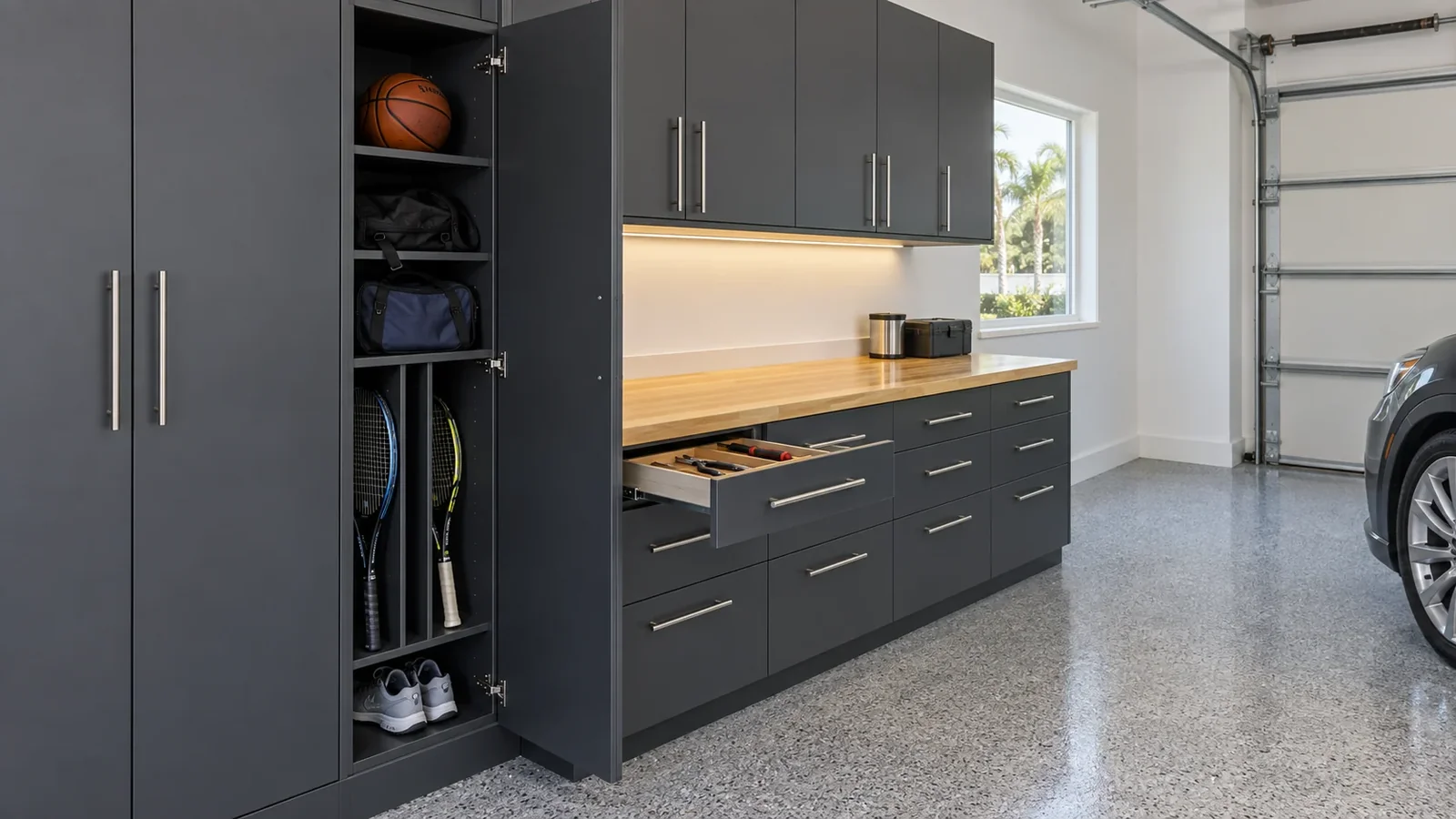 Closer view of organized cabinet storage and a practical garage work surface