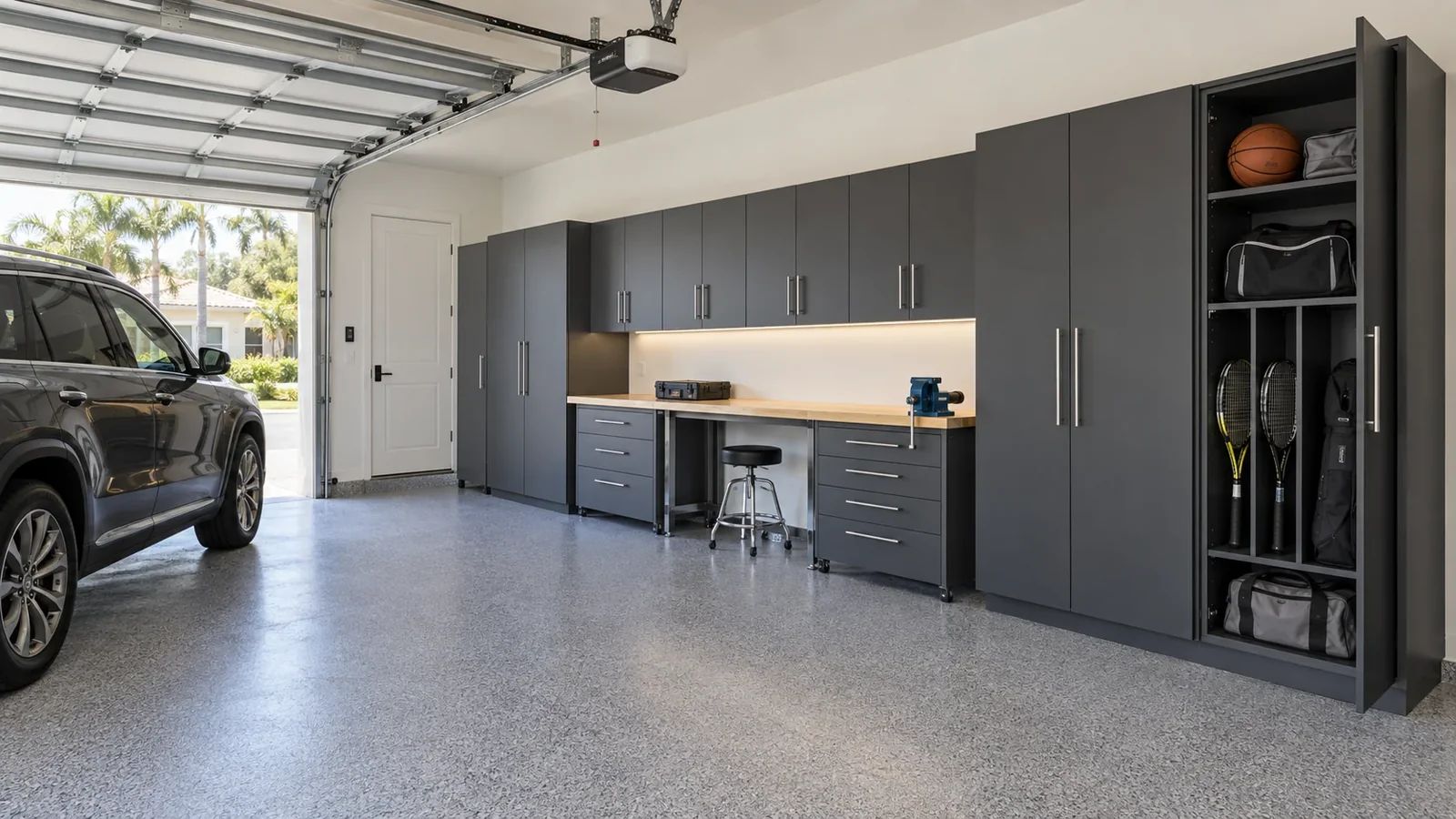 Garage cabinet wall with enclosed storage and a usable workbench