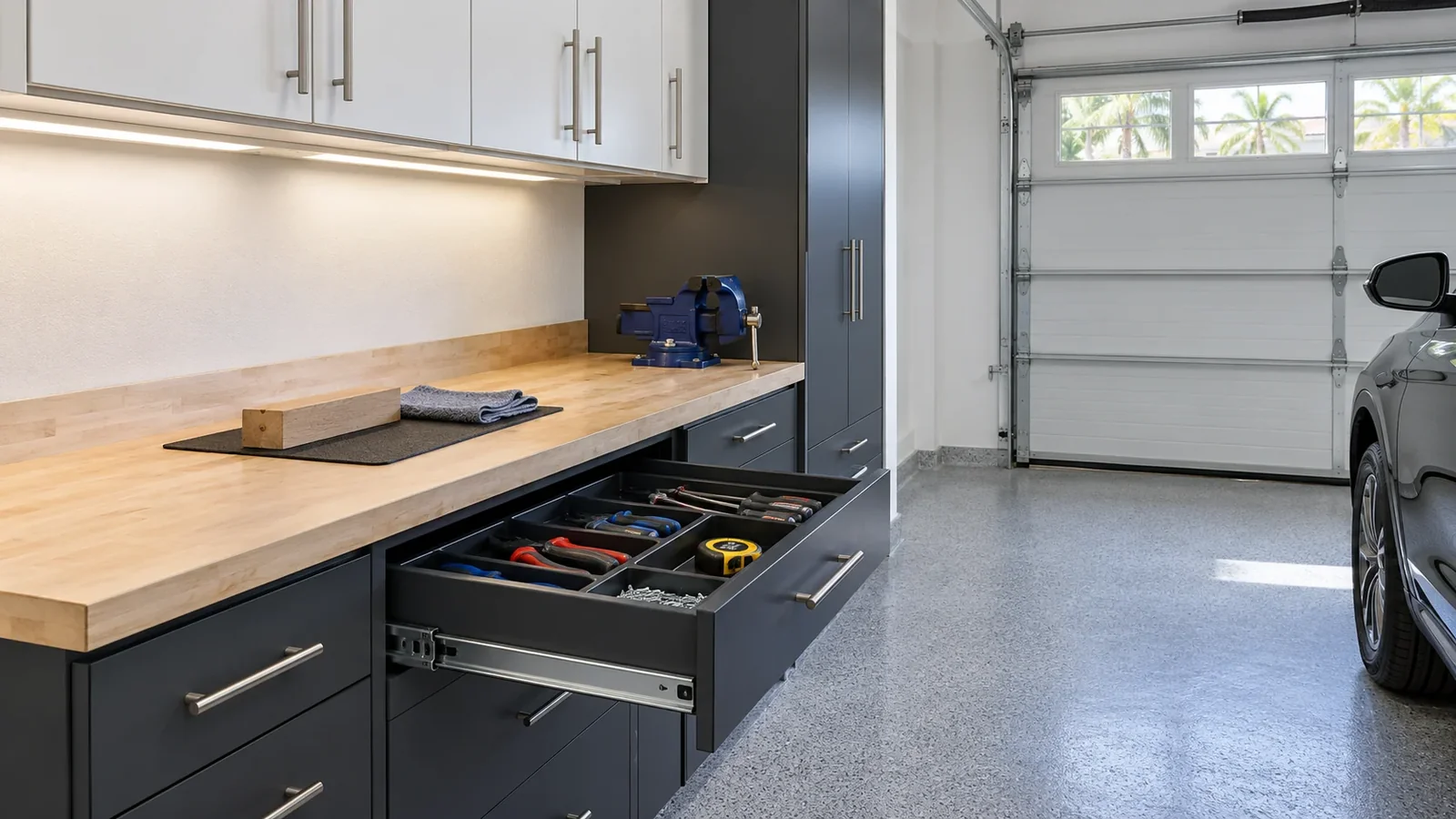 Closer view of organized cabinet storage and a practical garage work surface