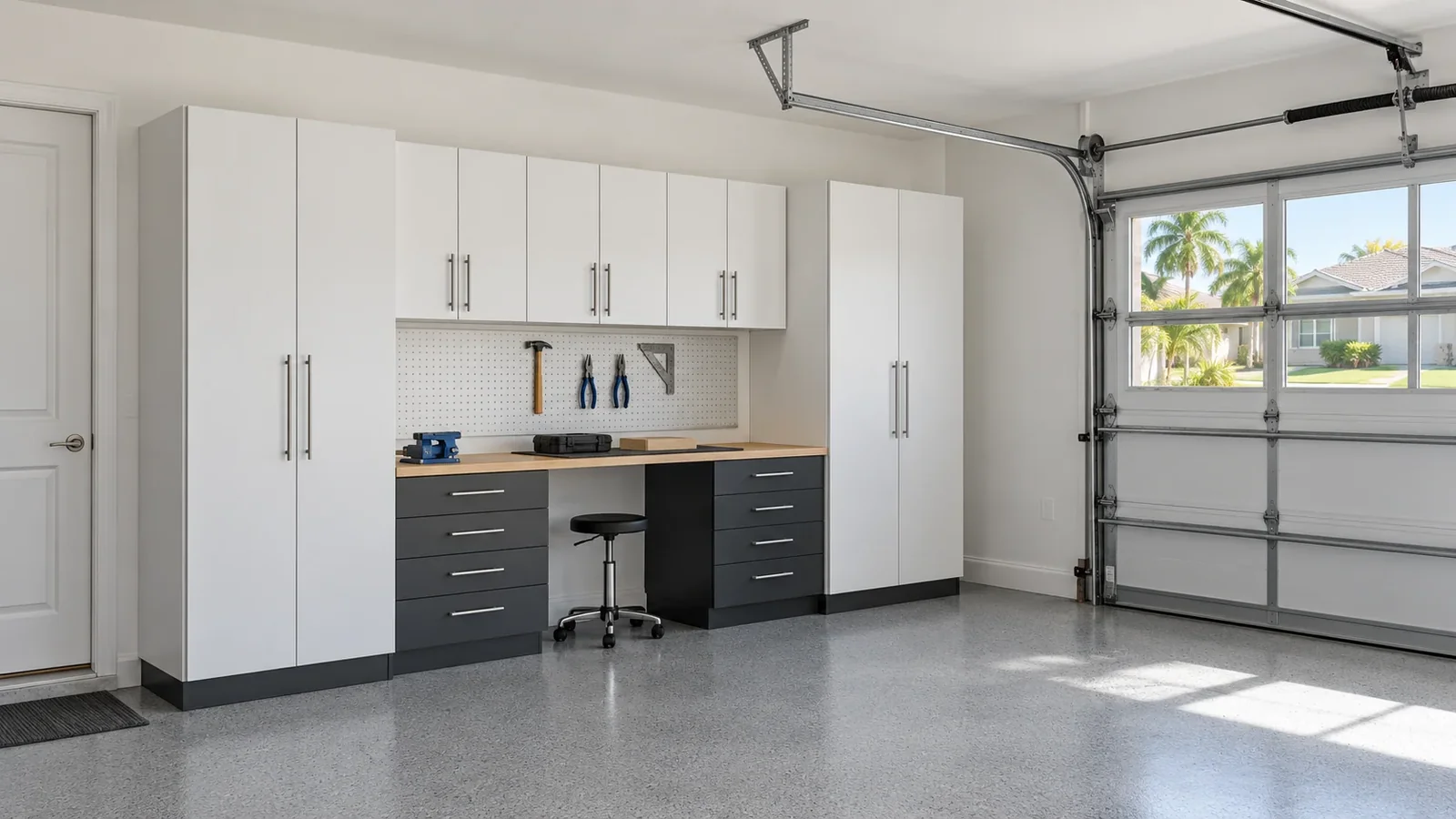 Garage cabinet wall with enclosed storage and a usable workbench