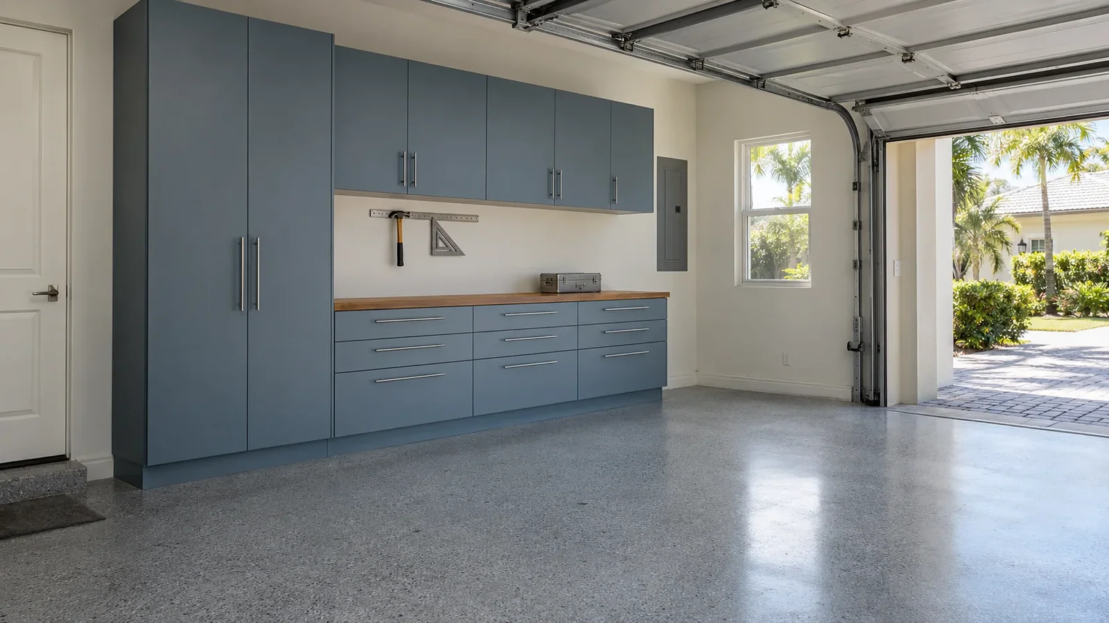 Garage cabinet wall with enclosed storage and a usable workbench