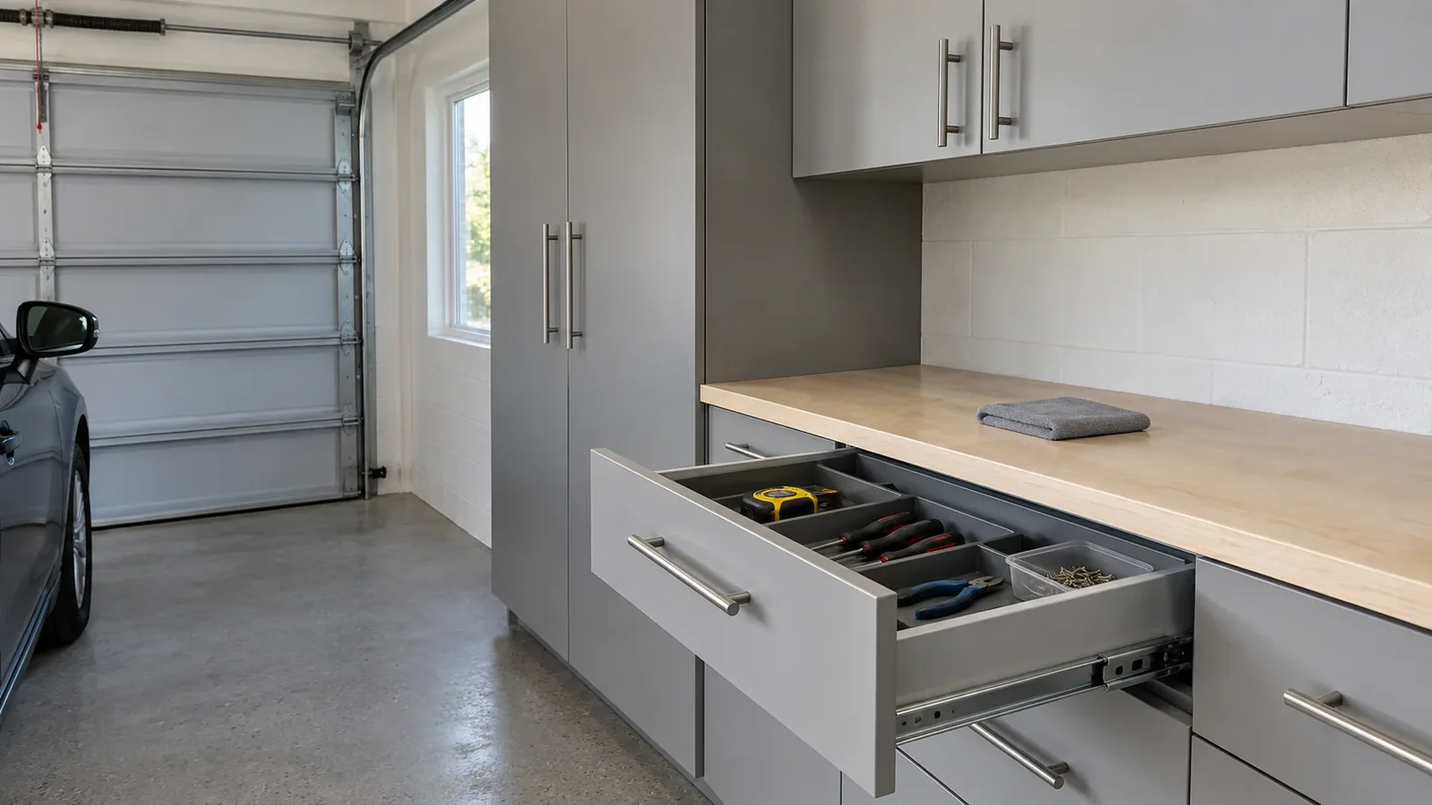 Closer view of organized cabinet storage and a practical garage work surface